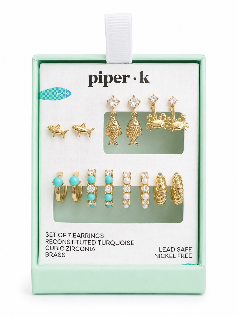 Piper K 7 Pair Earring Set Coastal Nautical Turquoise Fish Crab Gold Tone